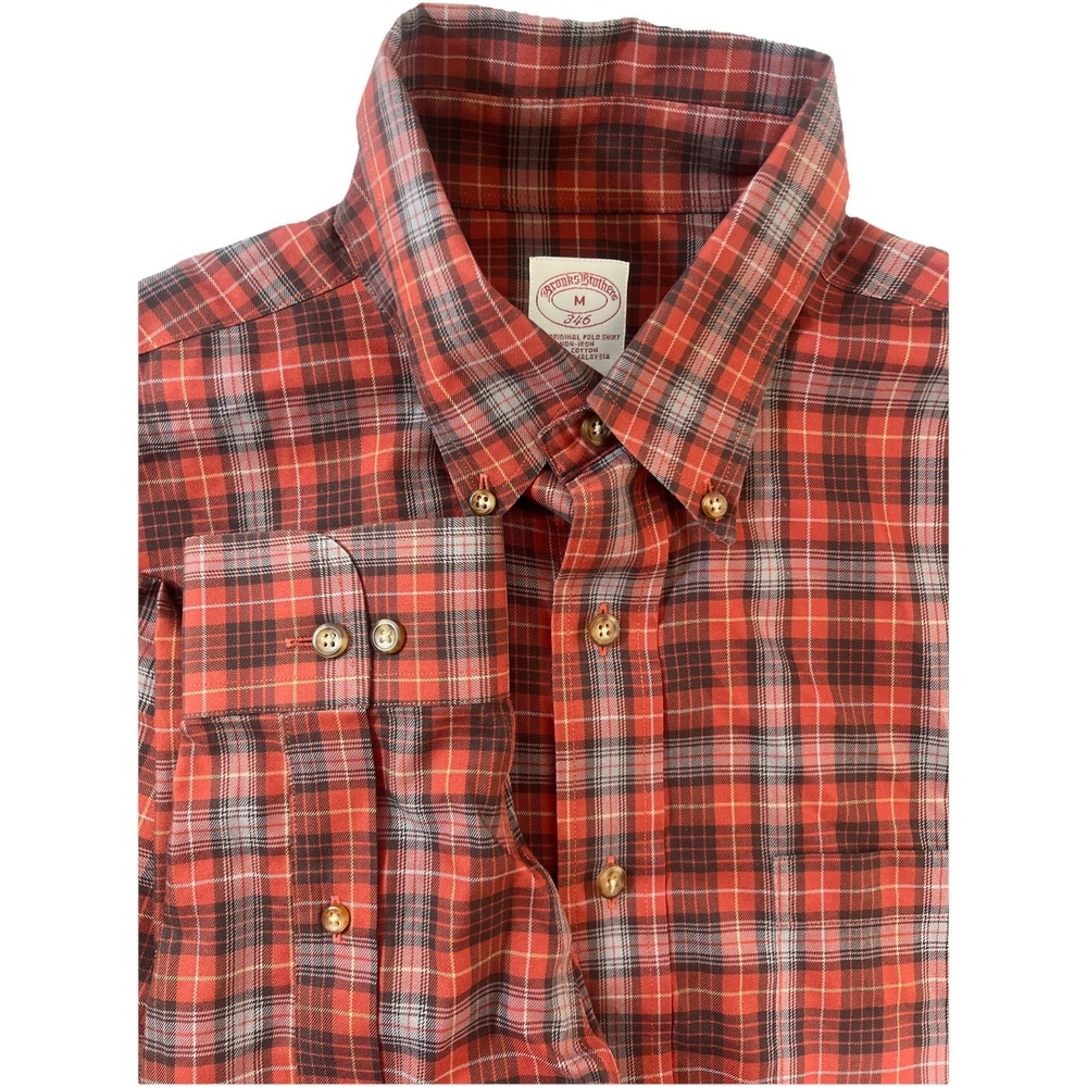 Brooks Brothers 346 Shirt Men Medium Burgundy Plaid Non Iron Long Sleeve Preppy